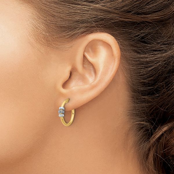 Leslie's 14K Two-tone Polished CZ Hoop Earrings Image 3 Carroll's Jewelers Doylestown, PA