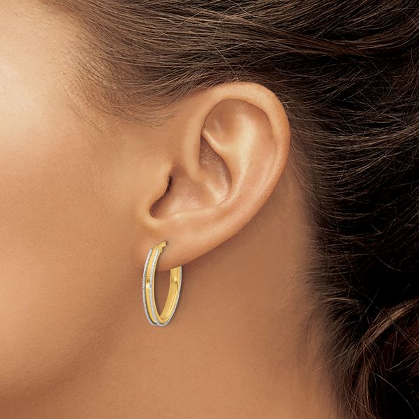 Leslie's 14K Two-tone Polished and Diamond-cut Oval Hoop Earrings Image 3 Spath Jewelers Bartow, FL
