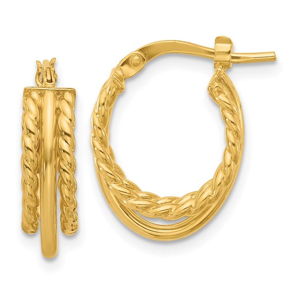 14K Polished and Textured 3-Row J-Hoop Post Earrings Cone Jewelers Carlsbad, NM