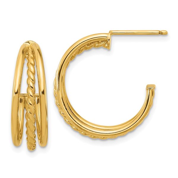 Leslie's 14K Polished and Textured 3-Row Round J-Hoop Post Earrings Gaines Jewelry Flint, MI