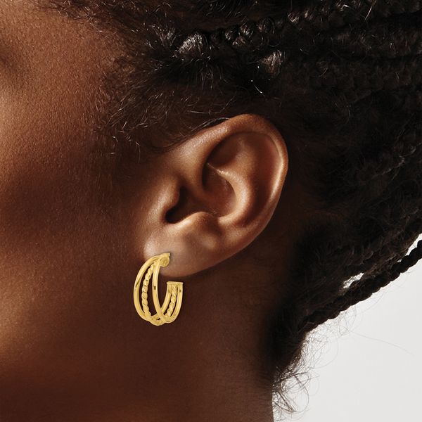 Leslie's 14K Polished and Textured 3-Row Round J-Hoop Post Earrings Image 3 Atlanta West Jewelry Douglasville, GA