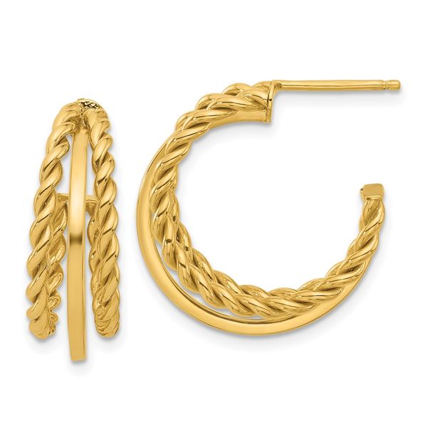 Leslie's 14K Polished and Textured 3-Row Round J-Hoop Post Earrings Selman's Jewelers-Gemologist McComb, MS