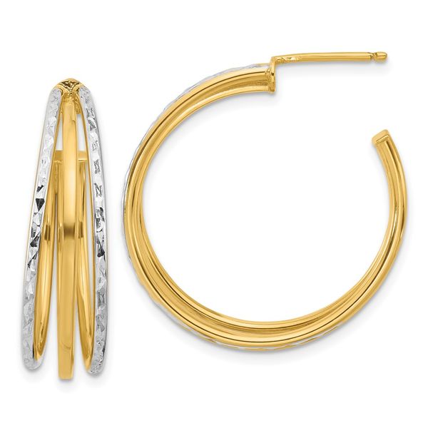 Leslie's 14K w/White Rhodium and D/C 3-Row Round J-Hoop Post Earrings Oak Valley Jewelers Oakdale, CA