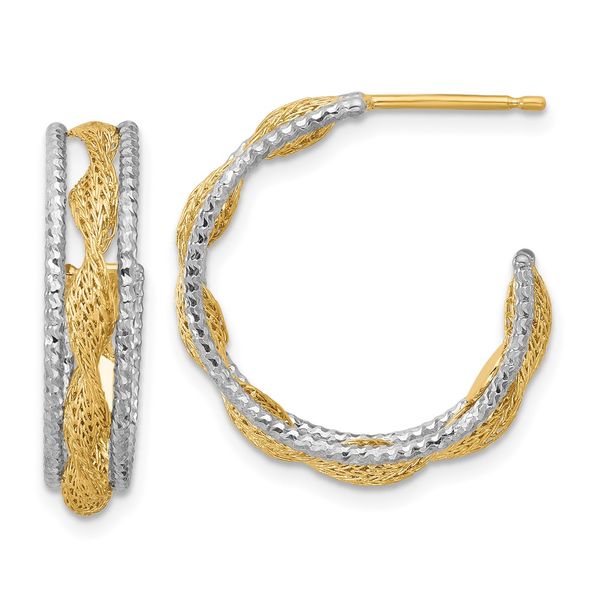 Leslie's 14K w/Rhodium Polished/Textured/Dia-cut Twist J-Hoop Earrings Bell Jewelers Murfreesboro, TN
