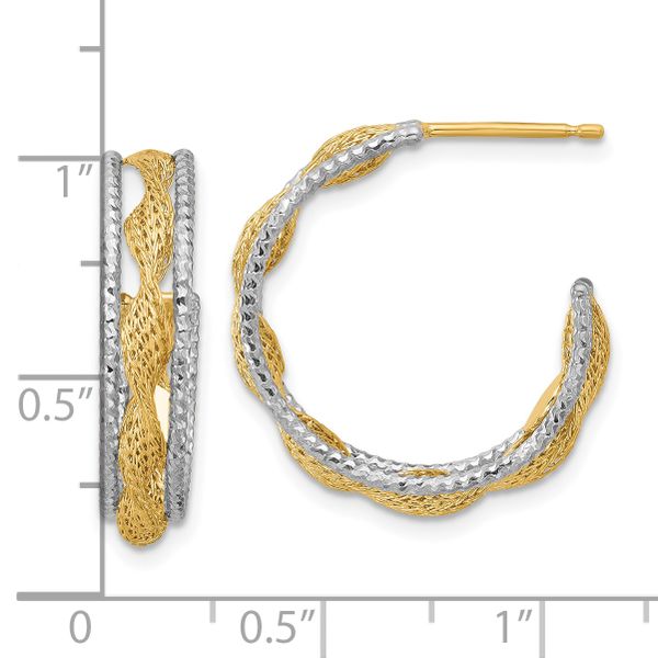Leslie's 14K w/Rhodium Polished/Textured/Dia-cut Twist J-Hoop Earrings Image 3 Galicia Fine Jewelers Scottsdale, AZ