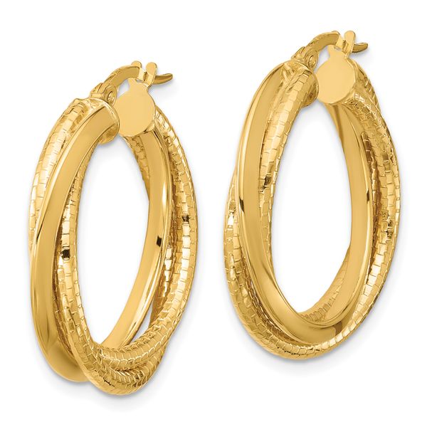 Leslie's 14k Polished and Textured Twisted Circle Hoop Earrings Image 2 Peran & Scannell Jewelers Houston, TX
