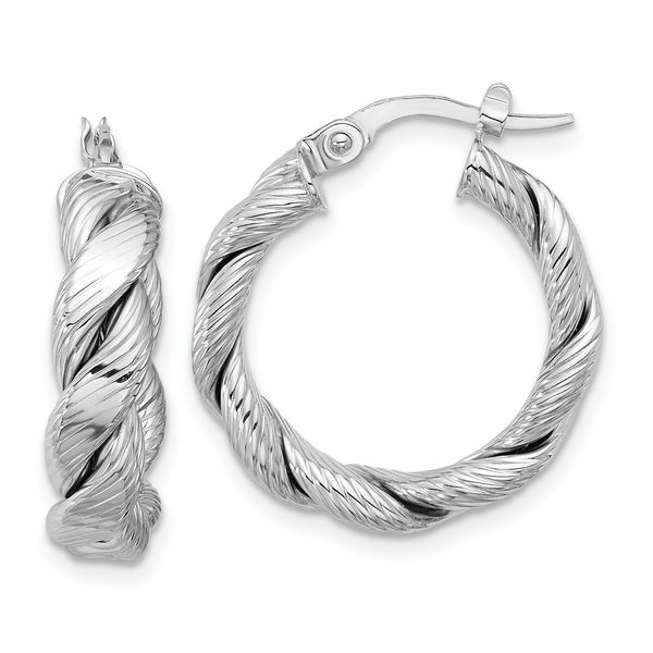 14k White Gold Polished and Textured Twist Hoop Earrings Cone Jewelers Carlsbad, NM