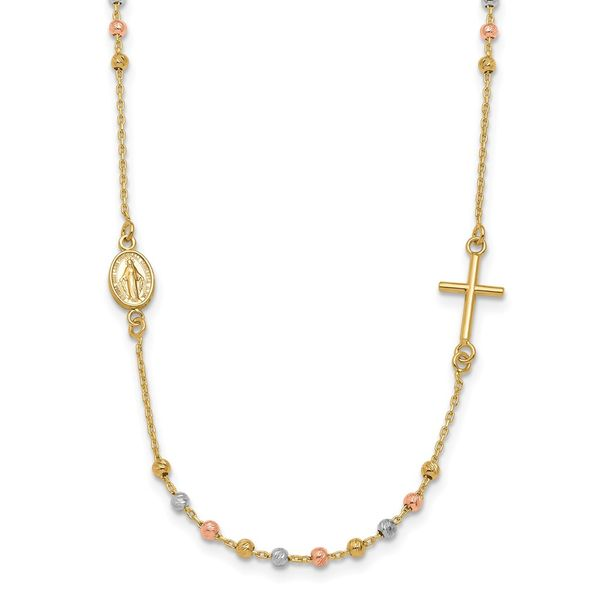 14K Tri-color Sideways Cross Beaded Rosary Style 18 inch Nec