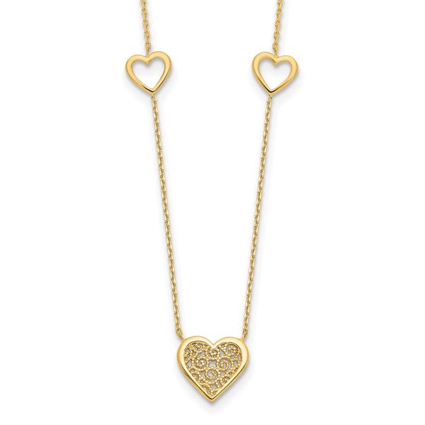14K Polished and Filigree Heart Stations with 1in. ext. Necklace Johnson Jewellers Lindsay, ON