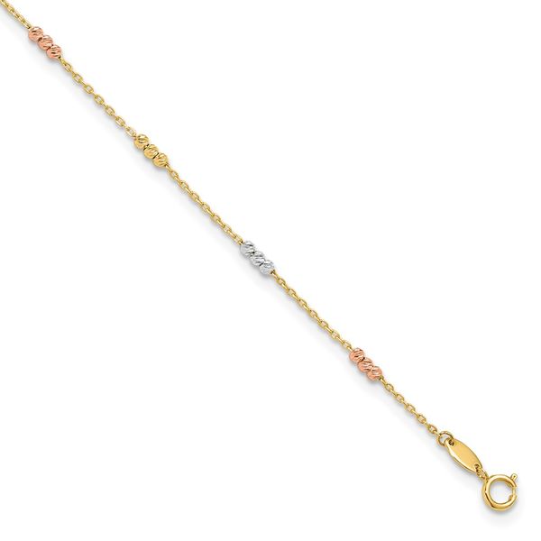 Leslie's 14K Tri-color Polished with D/C Beads 9in Plus 1in. ext. Anklet Oak Valley Jewelers Oakdale, CA