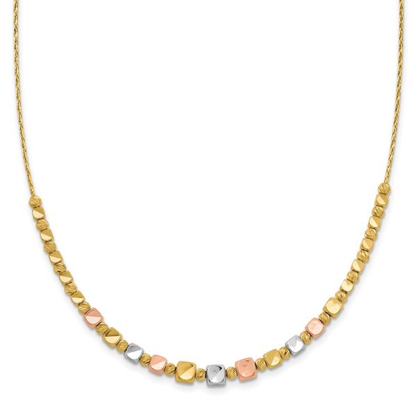 Leslie's 14K Tri-color Polished / DC Square Beads w/1in ext. Necklace Van Scoy Jewelers Wyomissing, PA