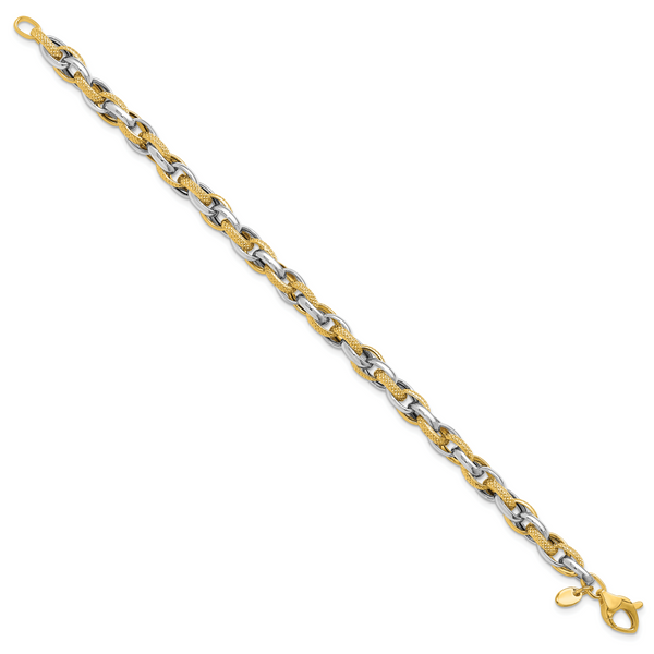 Leslie's 14K Two-tone Polished and Textured Fancy Link Bracelet Image 2 Peran & Scannell Jewelers Houston, TX