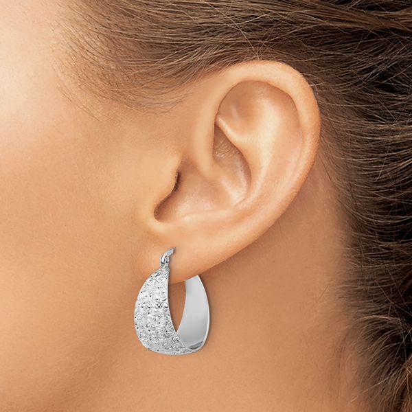 Leslie's Sterling Silver Rhodium-plated Textured Hoop Earrings Image 3 L.I. Goldmine Smithtown, NY