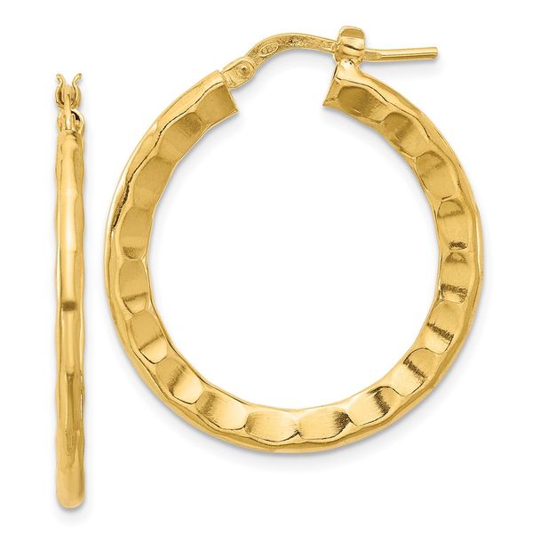 Leslie's Sterling Silver Gold-plated Polished/Hammered Hoop Earrings Peran & Scannell Jewelers Houston, TX