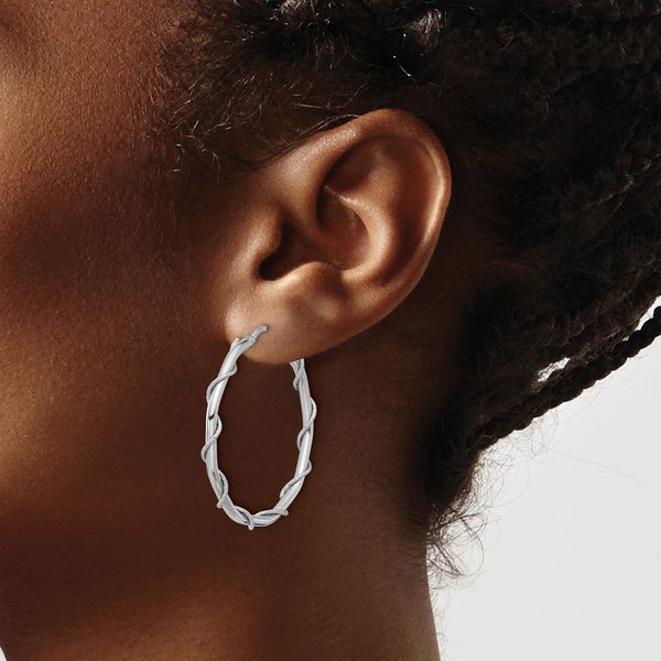 Leslie's Sterling Silver Rh-plated Polished/Textured/Twisted Hoop Earrings Image 3 W.P. Shelton Jewelers Ocean Springs, MS