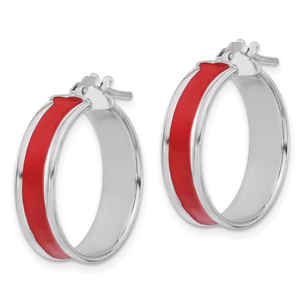 Leslie's Sterling Silver RH-plt Polished Red Enamel Round Hoop Earrings Image 2 Valentine's Fine Jewelry Dallas, PA