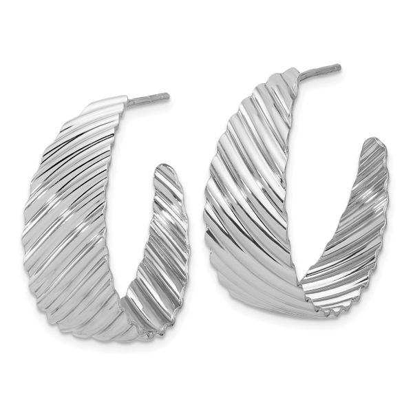 Leslie's Sterling Silver Rh-plat Polished Grooved Left/Right J-Hoop Earring Image 2 Carroll's Jewelers Doylestown, PA