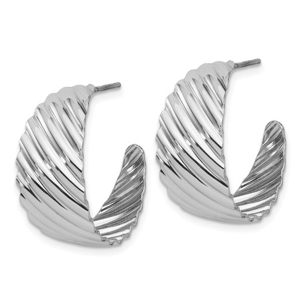 Leslie's Sterling Silver Rh-plat Polished Grooved Left/Right J-Hoop Earring Image 2 Falls Jewelers Concord, NC