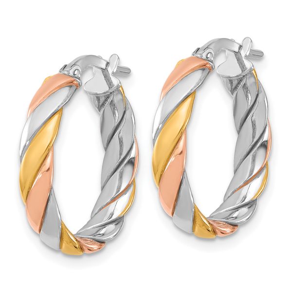Leslie's Sterling Silver with Gold and Rose-tone Polished Hoop Earrings Image 2 Boyd Jewelers Wesley Chapel, FL