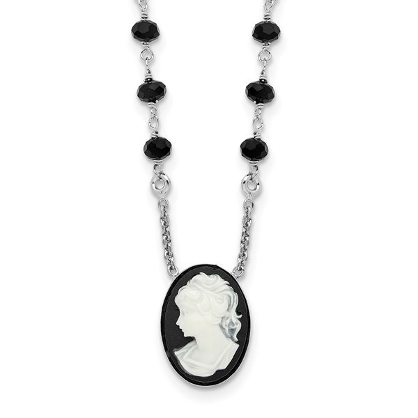 Leslie's Sterling Silver Rh-plated Black Glass Beads Resin Cameo 1.5in ext. The Hills Jewelry LLC Worthington, OH