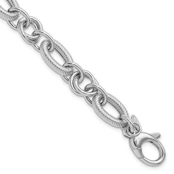 Leslie's SS RH-plated Polished/Textured Fancy Link w/.25in ext. Bracelet Jambs Jewelry Raymond, NH