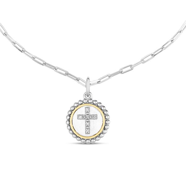18K Gold & Silver  Round Cross Pendant on Paperclip Chain  Barron's Fine Jewelry Snellville, GA