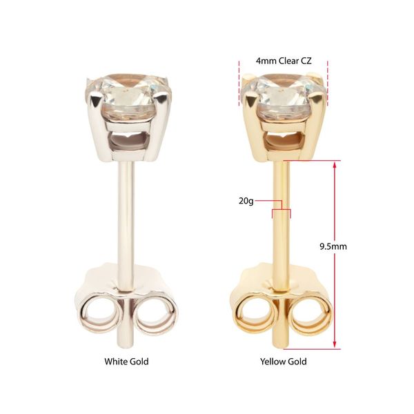 20g 14Kt Gold Stud Earrings with 4mm 4-Prong Gem, Double Not