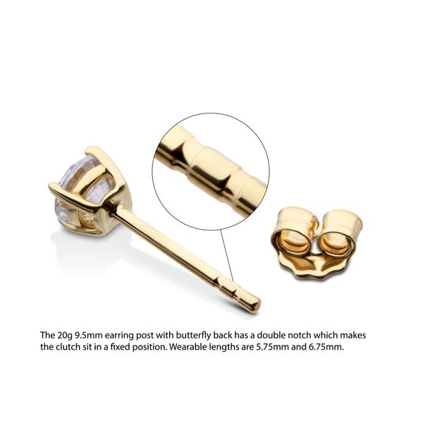 20g 14Kt Gold Stud Earrings with 4mm 4-Prong Gem, Double Not