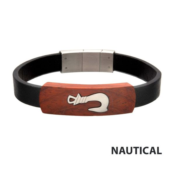 Black Leather with Fish Hook in Red Wood ID Bracelet BR31742, Ask Design  Jewelers