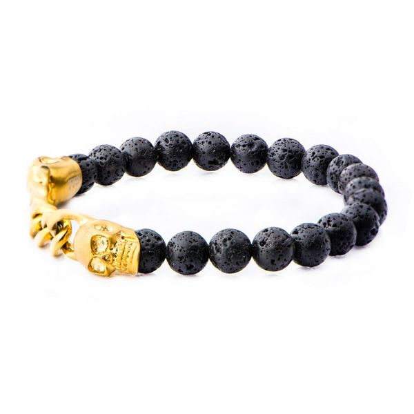 Double Head Gold IP Skull with chain in Black Lava Beaded Stretch Bracelet Image 2 Spath Jewelers Bartow, FL
