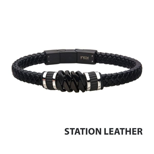 Black Braided Leather with Black IP Serrated Station Bracelet Morin Jewelers Southbridge, MA