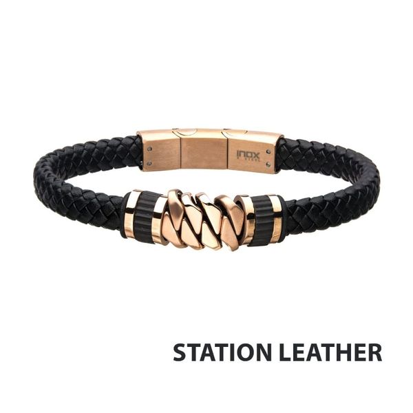 Black Braided Leather with Rose Gold IP Serrated Station Bracelet Carroll / Ochs Jewelers Monroe, MI