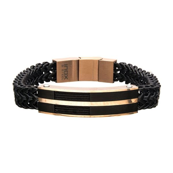 Mens Leather Bracelet Gold Black Adjustable Length 