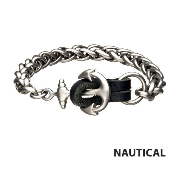 Stainless Steel & Antiqued Finish Anchor with Black Leather