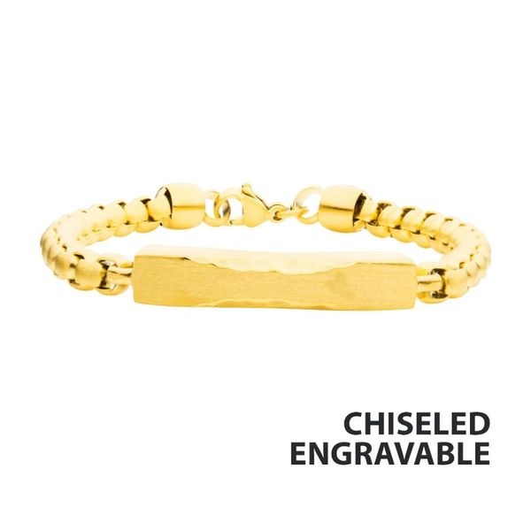 Matte 18K Gold IP Chiseled Engravable Drop with Bold Box Chain Bracelet Jayson Jewelers Cape Girardeau, MO