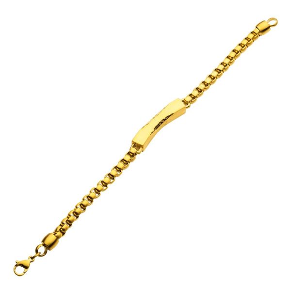 Matte 18K Gold IP Chiseled Engravable Drop with Bold Box Chain Bracelet Image 3 Jayson Jewelers Cape Girardeau, MO