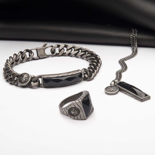 Matte Finish Gun Metal IP with African Lion Sigil & Faceted Black Agate Stone Curb Chain Bracelet Image 4 Glatz Jewelry Aliquippa, PA