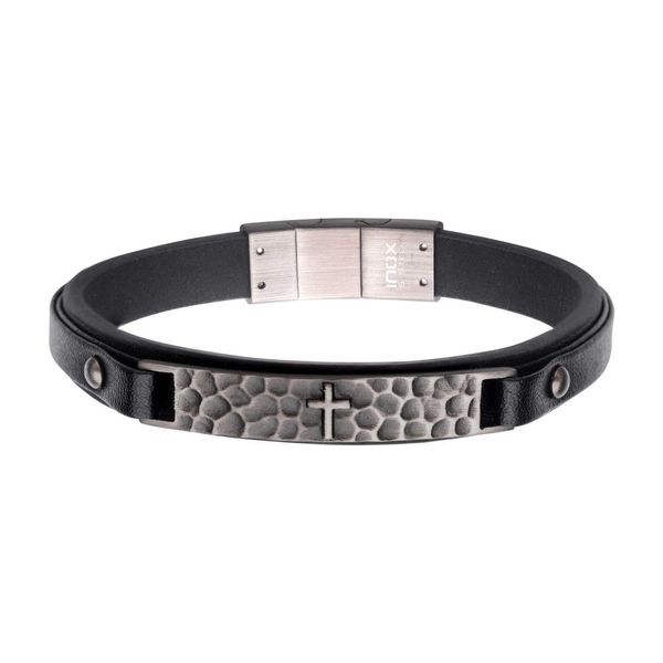 Black Leather Strapped with Cross Hammered ID Bracelet Banks Jewelers Burnsville, NC