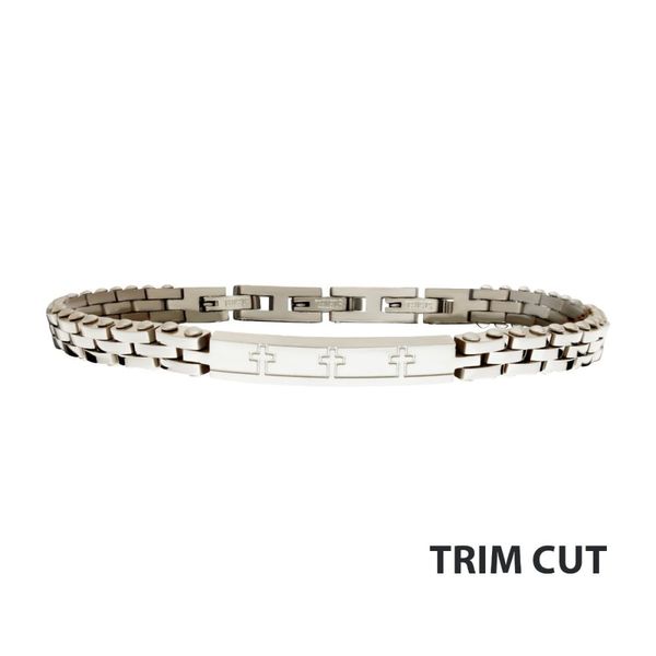 Trim Cut with Etched Cross Steel Bracelet Lewis Jewelers, Inc. Ansonia, CT