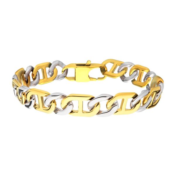 18Kt Gold IP Stainless Steel 11mm Mariner Link Chain Two-tone Bracelet Spath Jewelers Bartow, FL