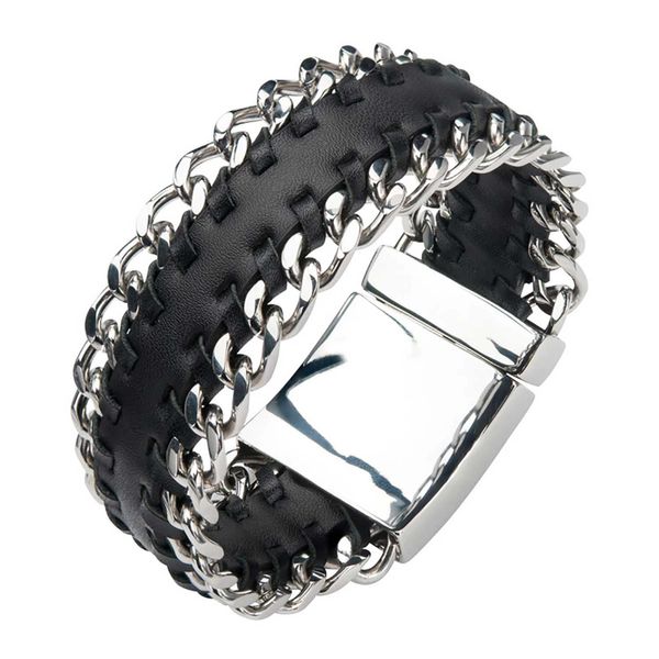 Black Leather with Steel Curb Chain Both Sides Bracelet Valentine's Fine Jewelry Dallas, PA
