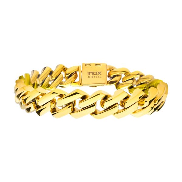 10mm High Polished Finish 18K Gold IP Diamond Prong Cuban Link Bracelet P.K. Bennett Jewelers Mundelein, IL