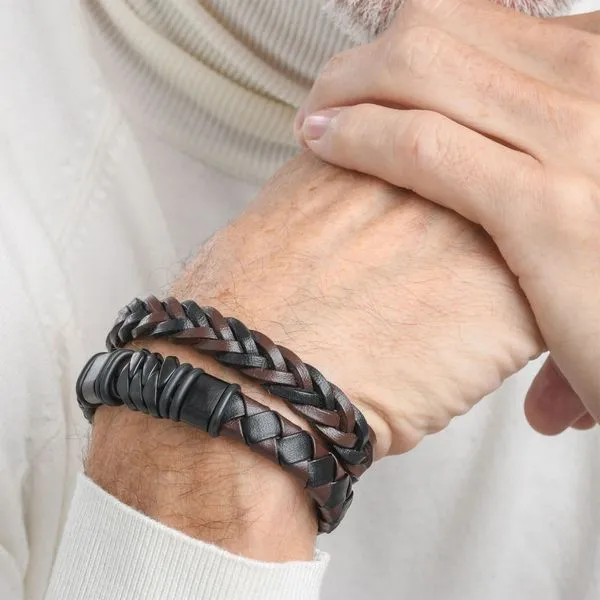 Steel & Black IP Brown Leather Bohemian Bracelet