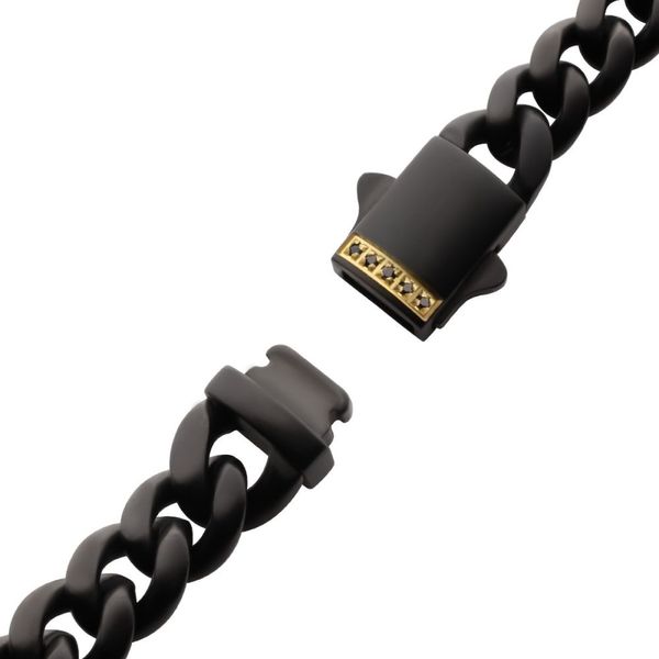 Steel Matte Finish Miami Cuban Chain Bracelet with Genuine Black Sapphire Gem on 18K Gold IP Image 3 Alan Miller Jewelers Oregon, OH