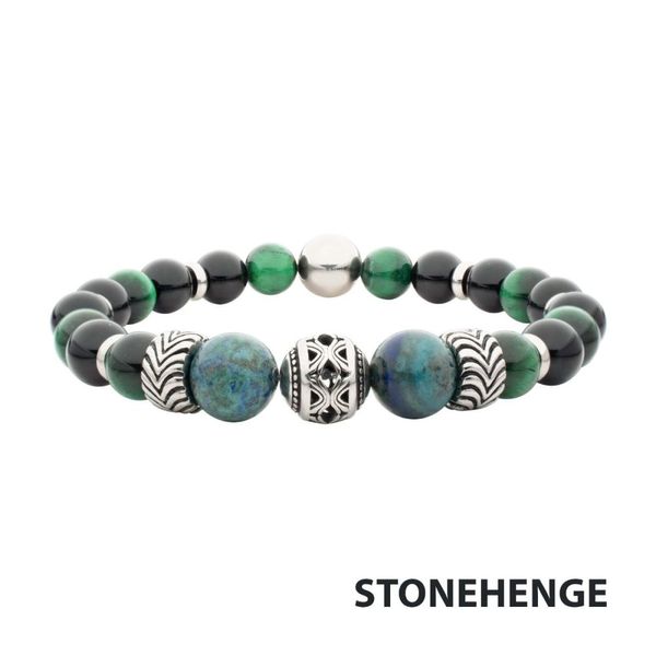 Black Onyx, Green Tiger Eye & Lapis Stone with Antiqued Finish Steel Bead Bracelet Alan Miller Jewelers Oregon, OH