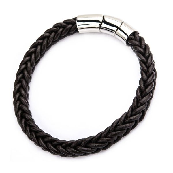 INOX Brown Leather & Stainless Steel Magnetic Clasp Bracelet