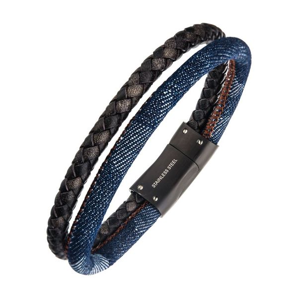 Double Str& Antiqued Leather & Denim with Stainless Steel Bracelet  Image 2 Lewis Jewelers, Inc. Ansonia, CT