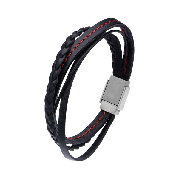Black Leather in Red Tread and Braided Layered Bracelet Image 3 Ware's Jewelers Bradenton, FL