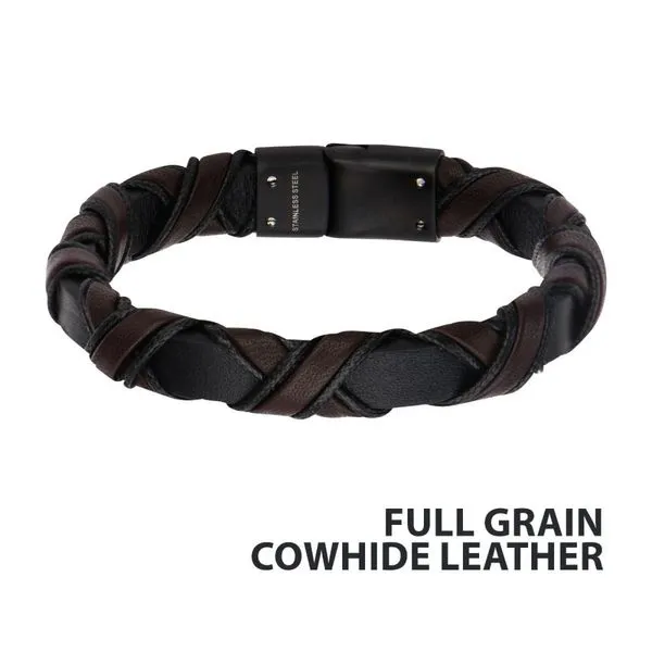 Men's Woven Stainless Steel and Black Leather Bracelet