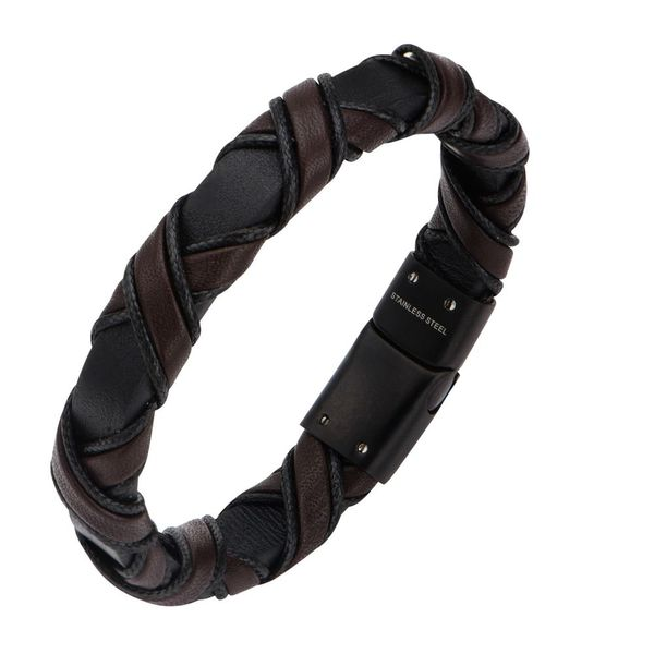 Men's Woven Stainless Steel and Black Leather Bracelet